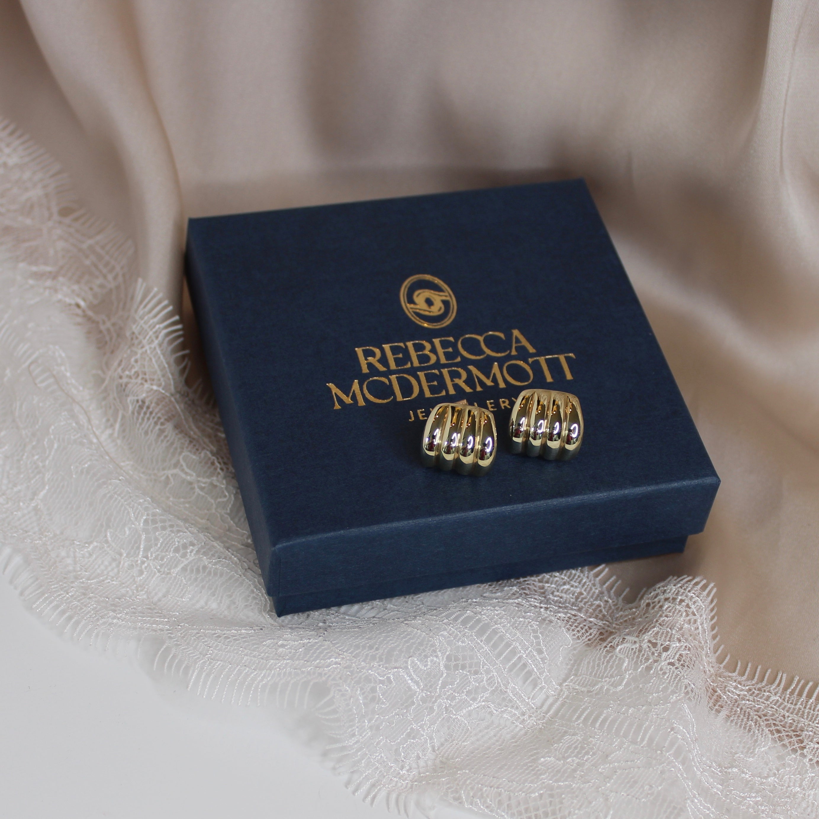 Gold earrings on a Rebecca Mcdermott jewelry box on a lace fabric background